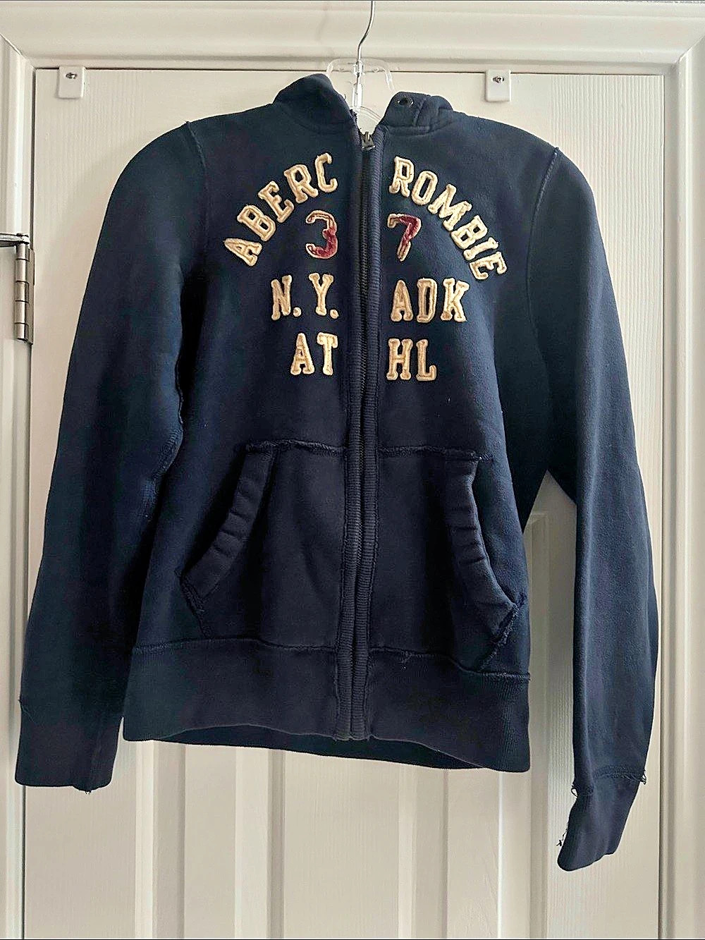 Abercrombie Y2K 2000s Muscle Fleece Zip Hoodie Navy Large Preppy Collegiate NY